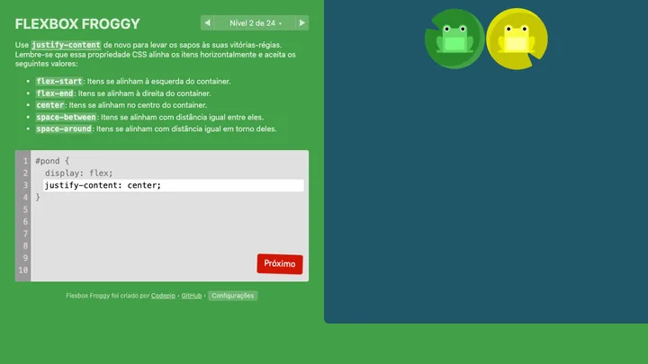 Tela da simulação CSS Flexbox: o Jogo do Sapo