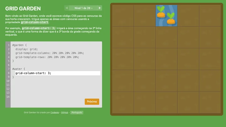 Tela da simulação CSS Grid: o Jogo da Horta