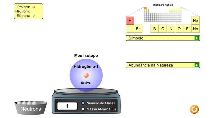 Tela da simulação Isótopos e Massa Atômica