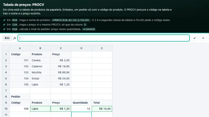 Tela da simulação Planilha: PROCV