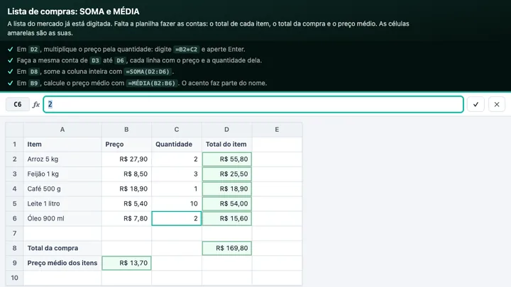 Tela da simulação Planilha: SOMA e MÉDIA